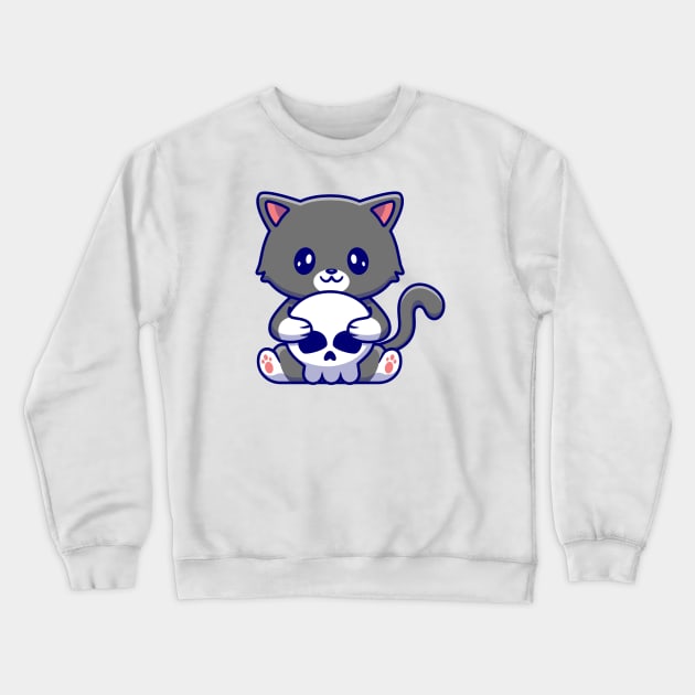 Cute Cat Holding Skull Bone Cartoon Crewneck Sweatshirt by Catalyst Labs